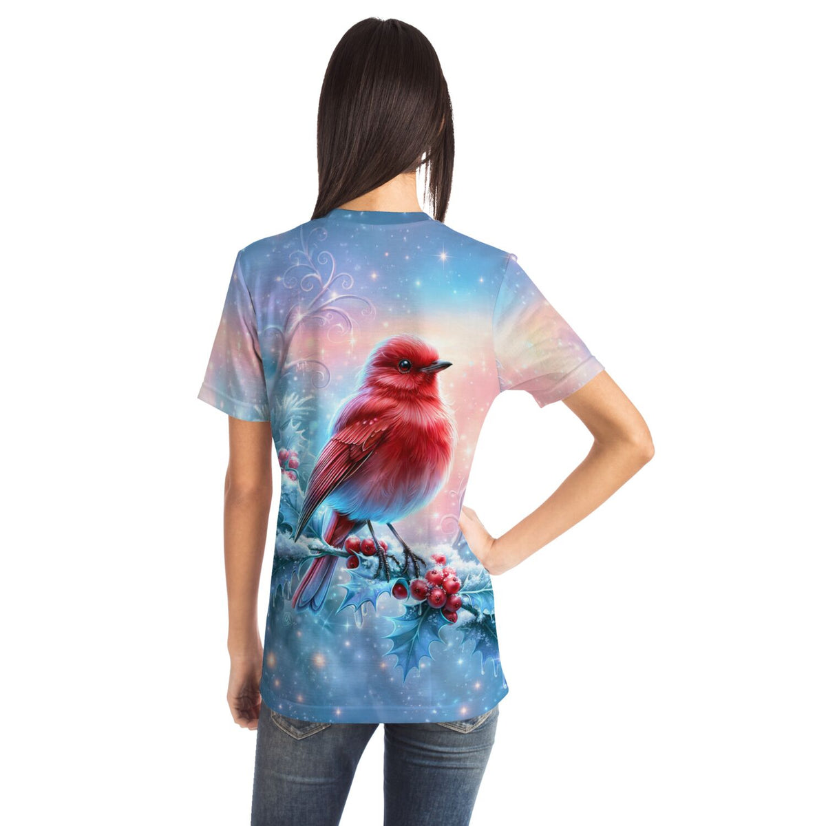 T-Shirt mit rotem Vogel im Winterwald, inspiriert von Diamond Painting Motiven wie Feuerherz im ersten Frost