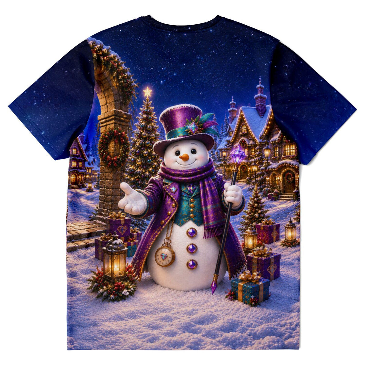 T-Shirt mit Winterzauber-Motiv: Schneemann im lila Mantel vor verschneiter Dorf-Kulisse, inspiriert durch Diamond Painting.