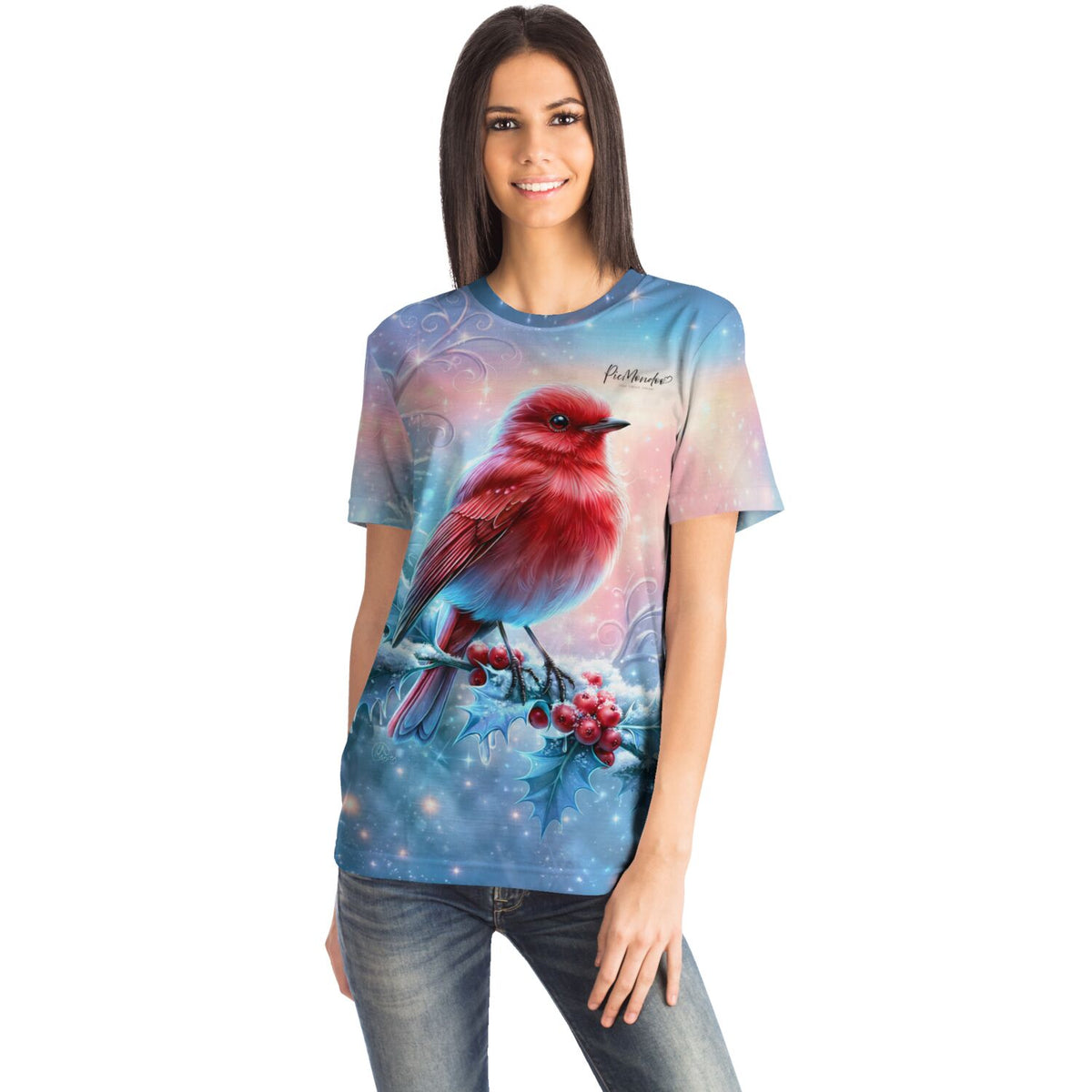 Frau trägt T-Shirt mit rotem Vogel auf verschneitem Zweig im Stil von Malen nach Zahlen und Diamond Painting Kunst