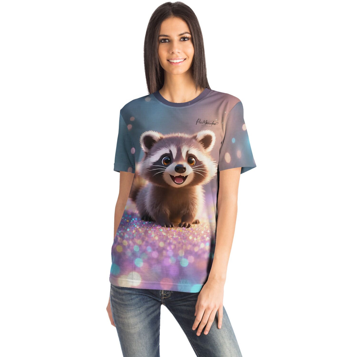 Frau trägt ein T-Shirt mit süßem Waschbär-Motiv im Diamond Painting Style mit funkelndem Glitzer-Effekt