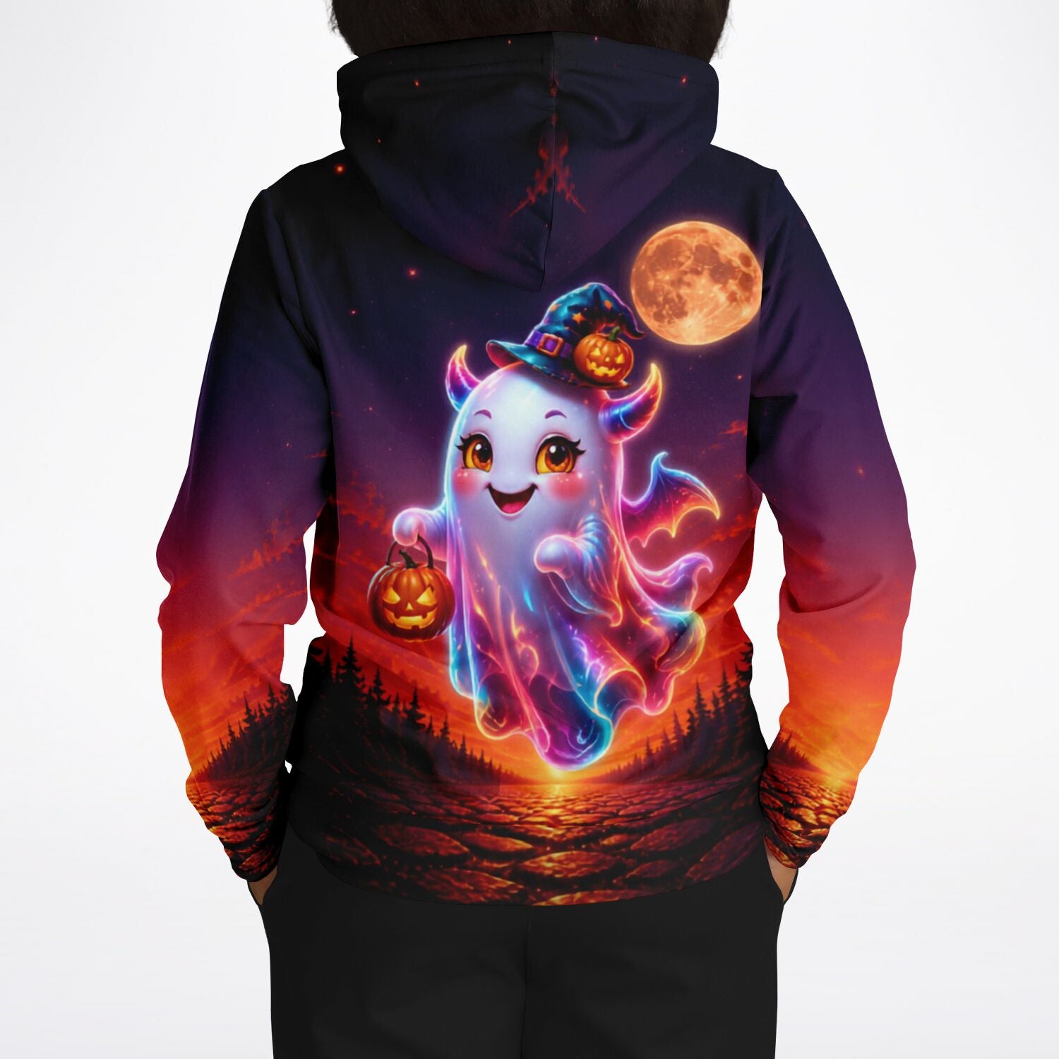 Dreamer Hoodie mit niedlichem Halloween-Geist, Kürbissen und Vollmond als detailreiches All-Over-Print Motiv