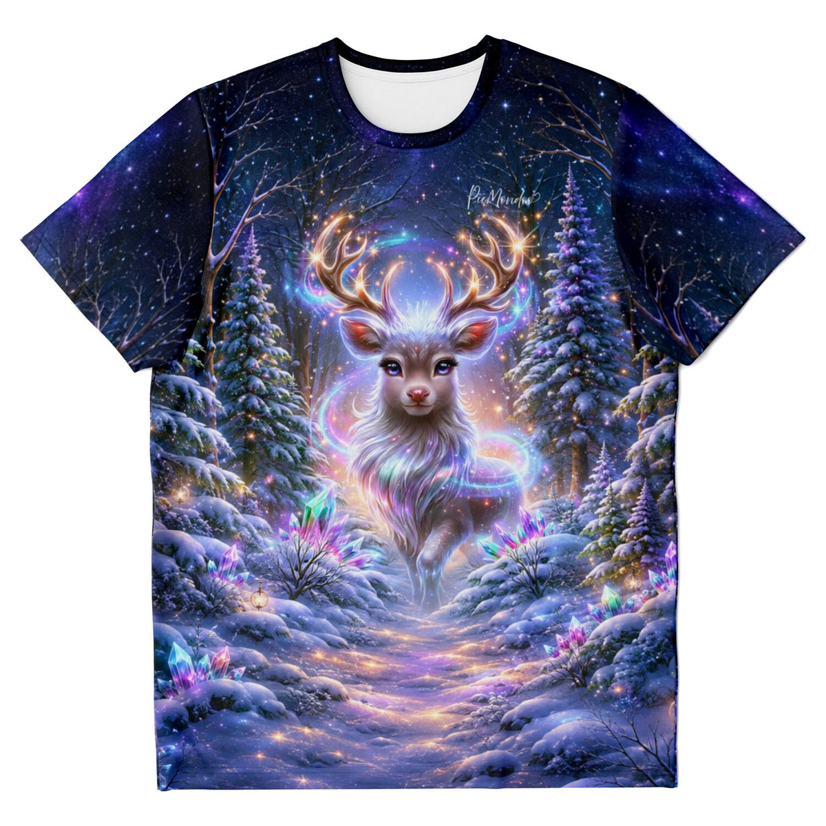 T-Shirt mit magischem Winterwald-Motiv und leuchtendem Hirsch, passend zum Stil von Diamond Painting Kunstwerken