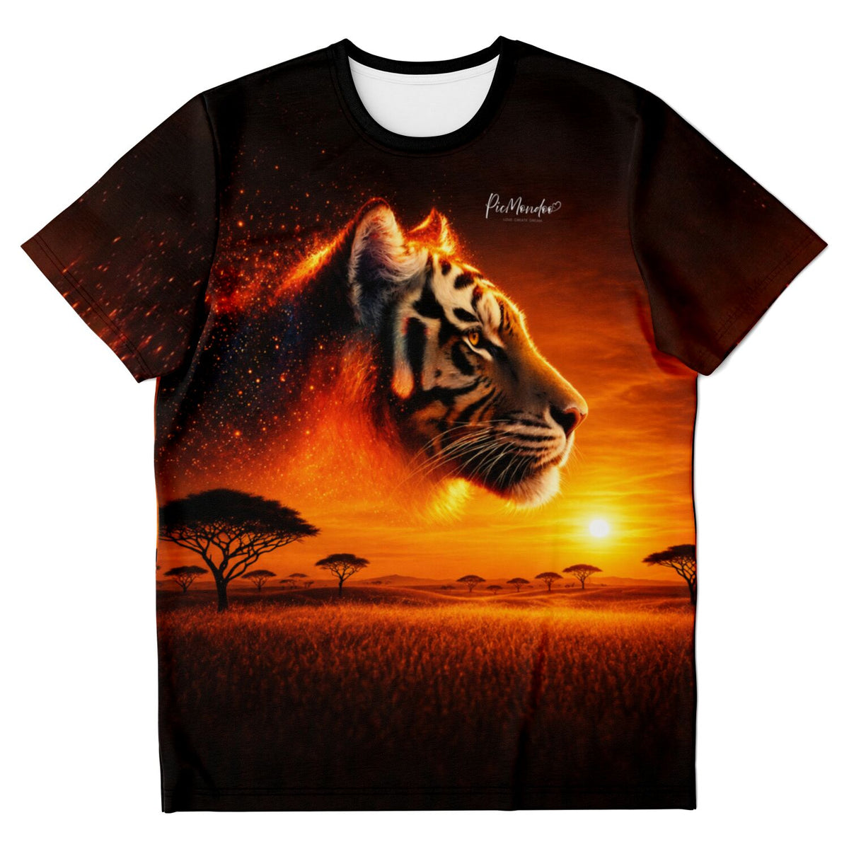 Schwarzes Dreamer T-Shirt mit flammendem Tiger-Motiv in einer Steppenlandschaft, inspiriert durch Diamond Painting Kunst