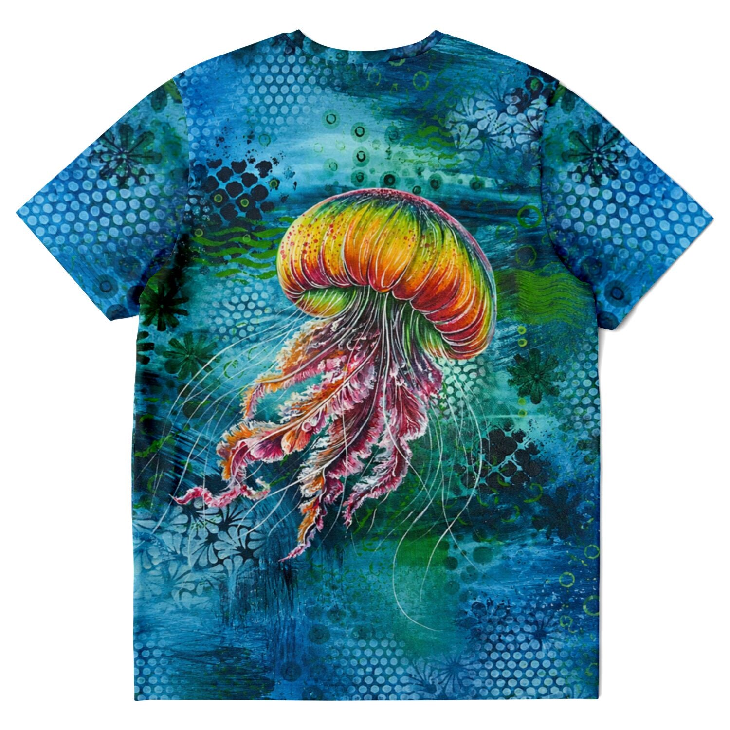 T-Shirt mit künstlerischem Medusa Solaris Motiv in leuchtenden Farben auf blauem, strukturiertem Hintergrund