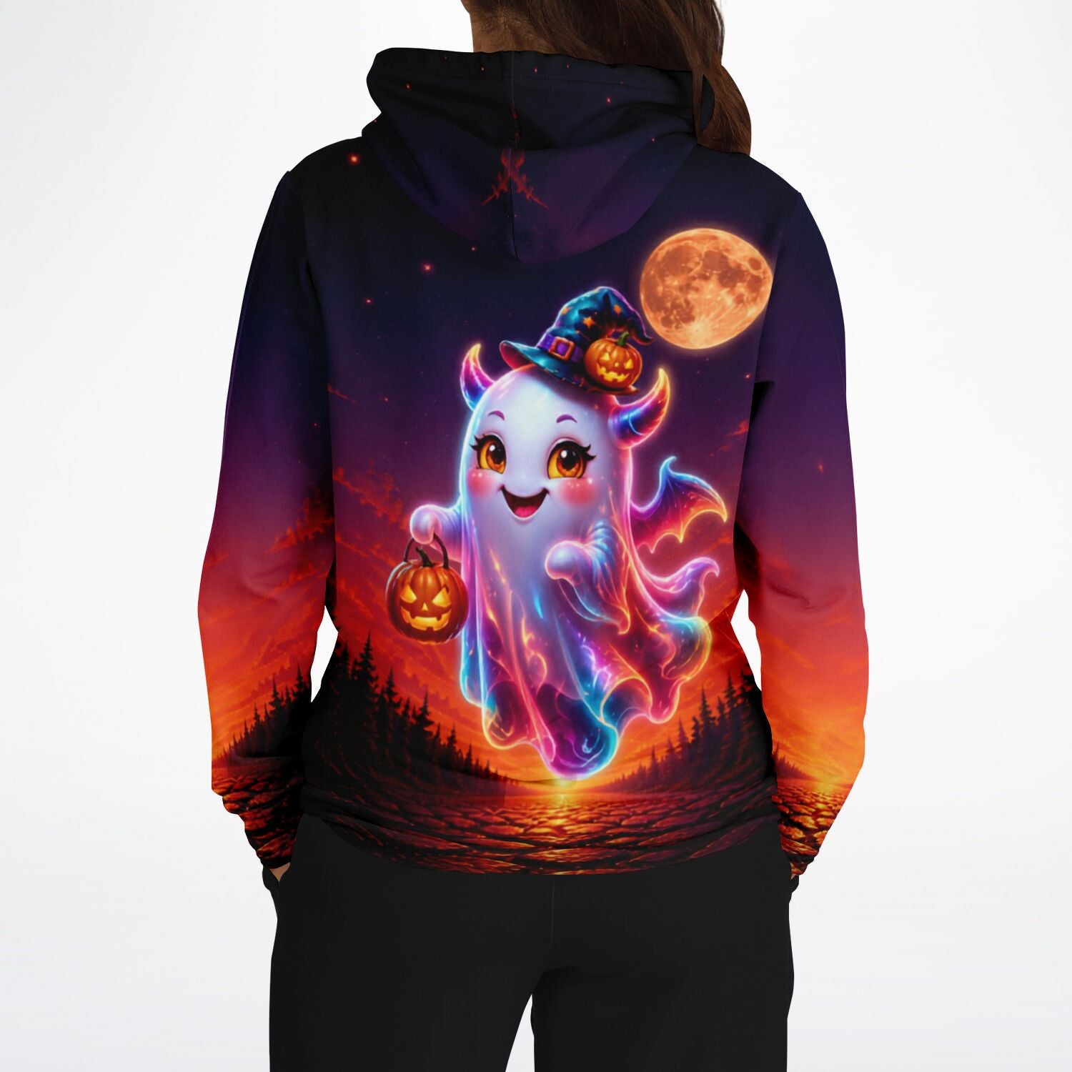 Hoodie mit süßem Geister-Motiv, Kürbis-Laterne und Vollmond-Design, inspiriert von Diamond Painting und Halloween-Kunst.
