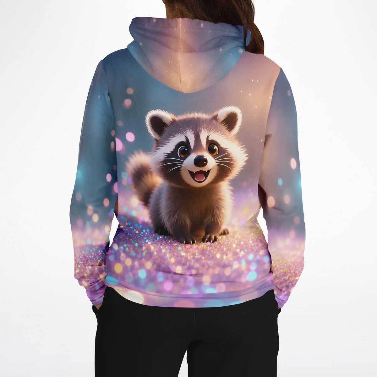 Dreamer Hoodie mit niedlichem Waschbär-Motiv und Glitzereffekt, passend zum Stil von Diamond Painting Motiven