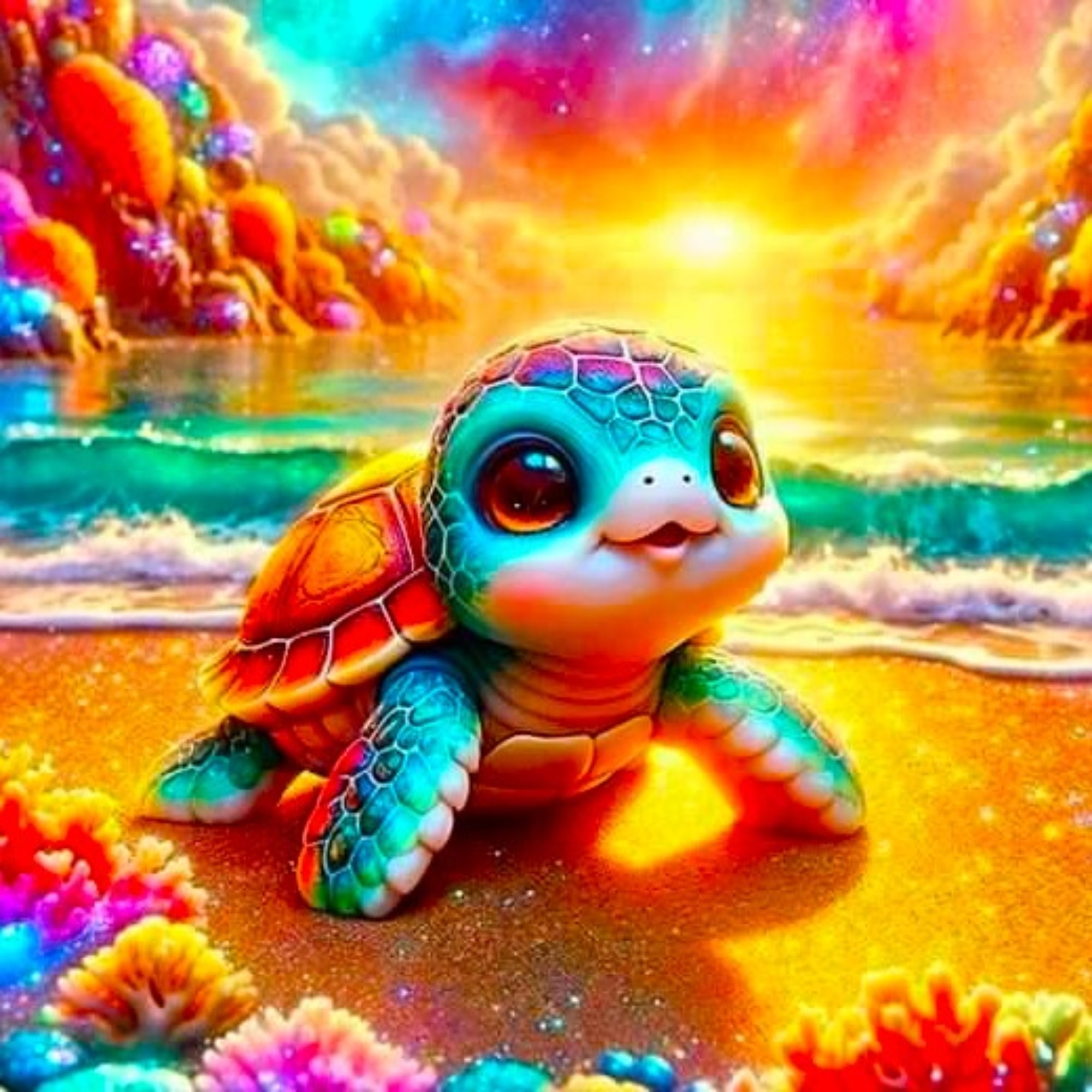Diamond Painting 100 Farben Special - Schildkröte am Funkelstrand