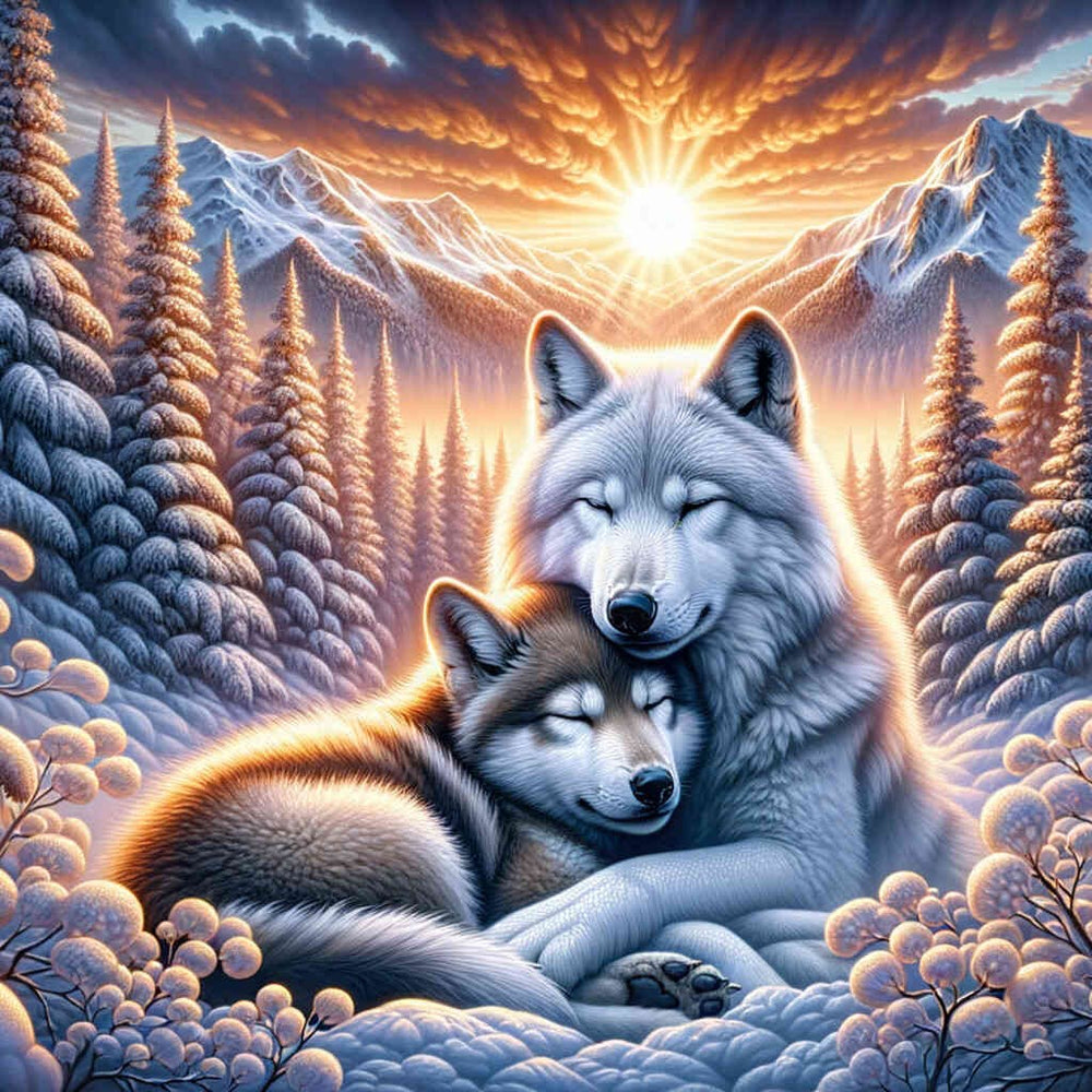 Diamond Painting - Wolfliebe im Sonnenaufgang
