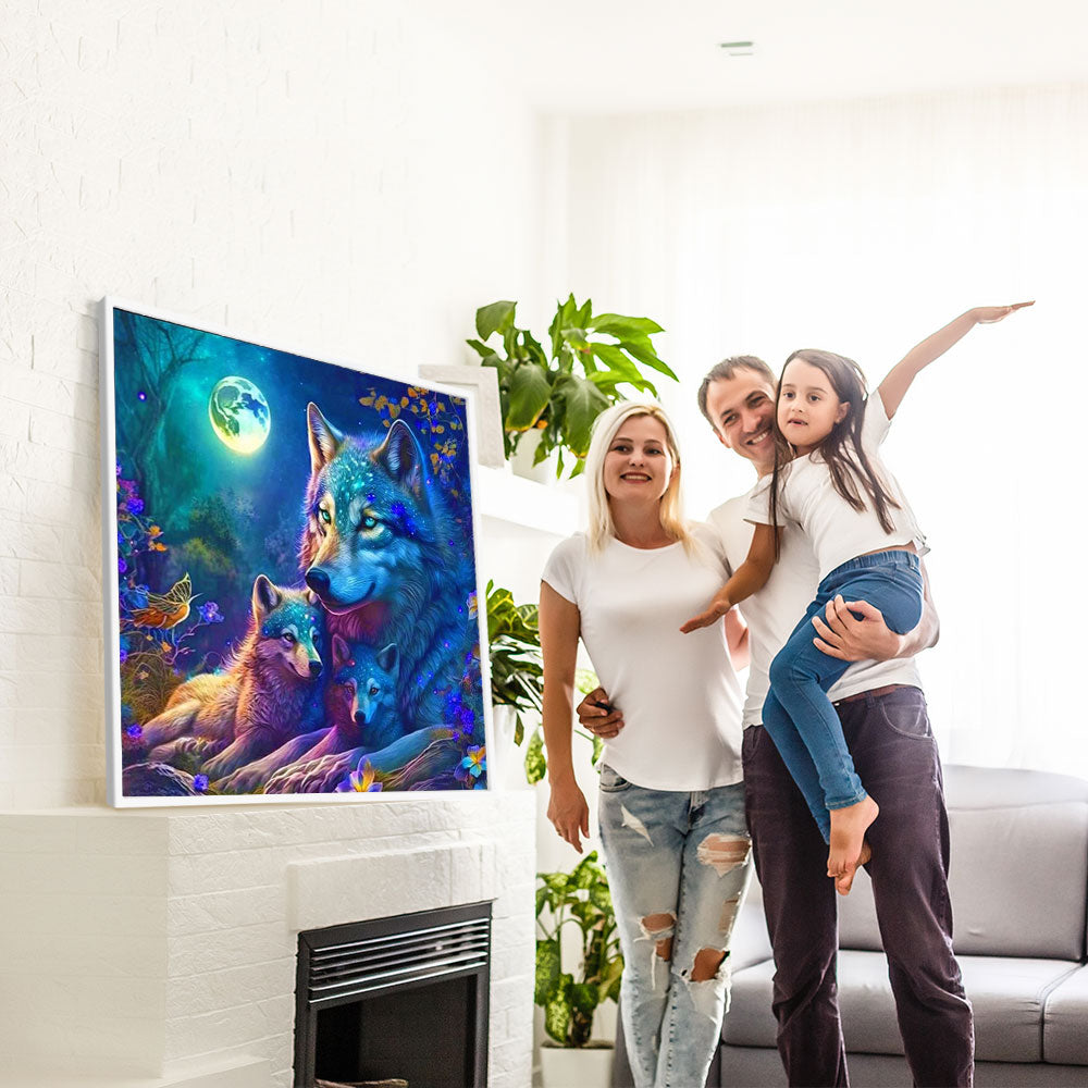 Diamond Painting Bild Wölfe im bunten Mondlicht