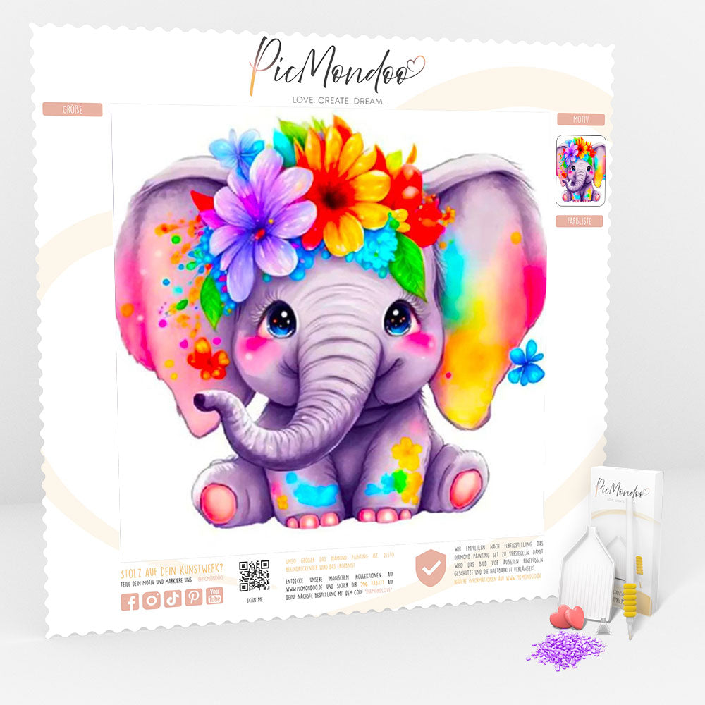 Diamond Painting Kids Leinwand Der kleine Blumenelefant