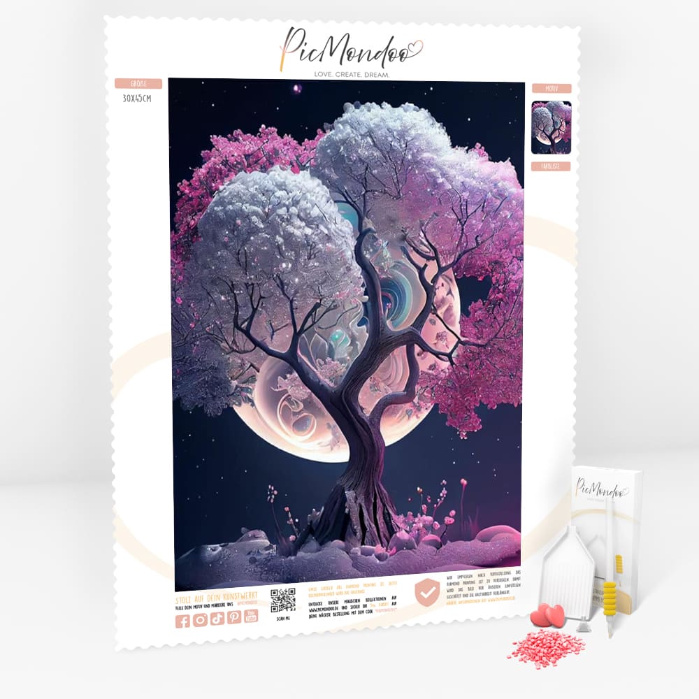 Diamond Painting Special Leinwand Pink tree at night