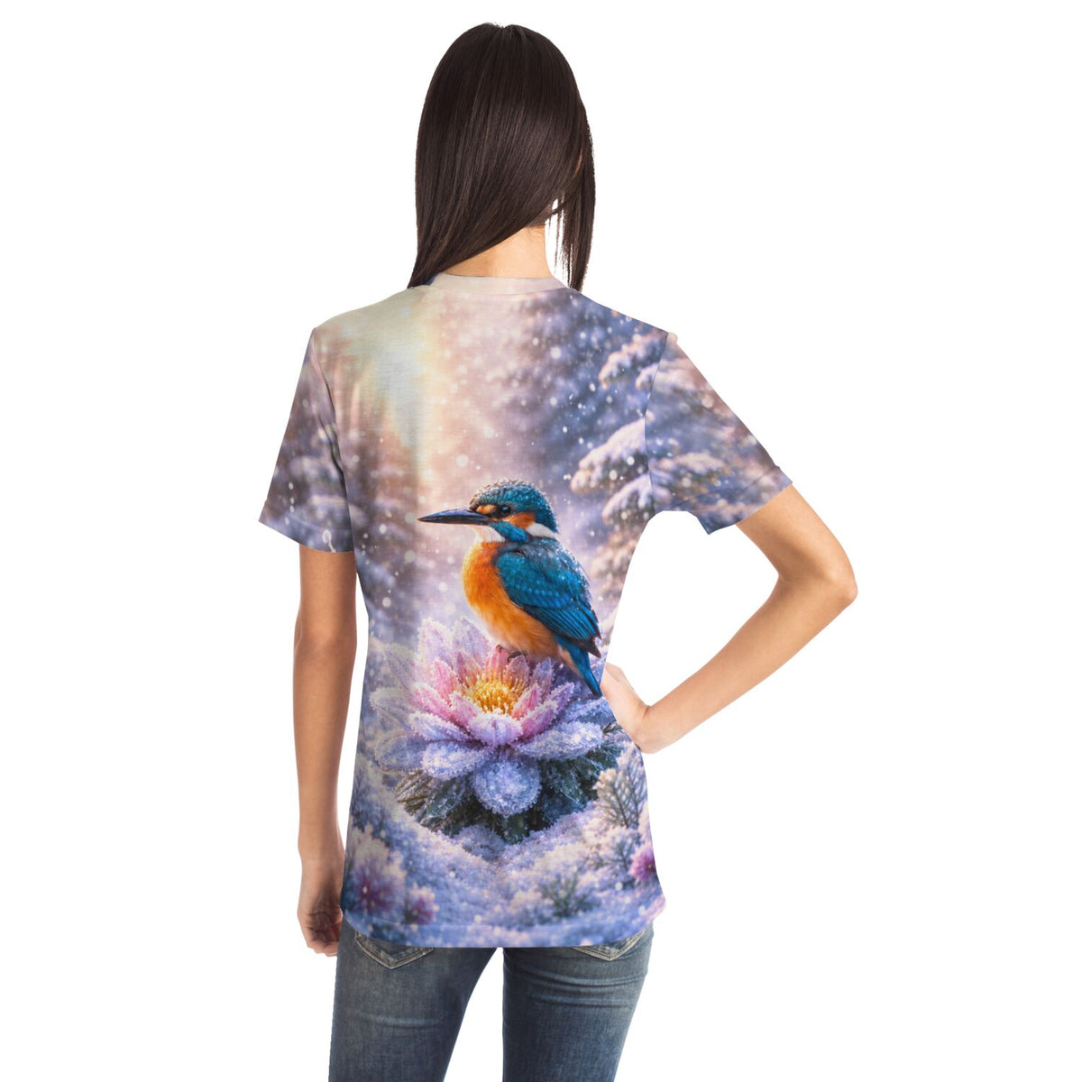 Dreamer T-Shirt mit Eisvogel auf frostiger Winterblume, passend zum Stil von Malen nach Zahlen und Diamond Painting