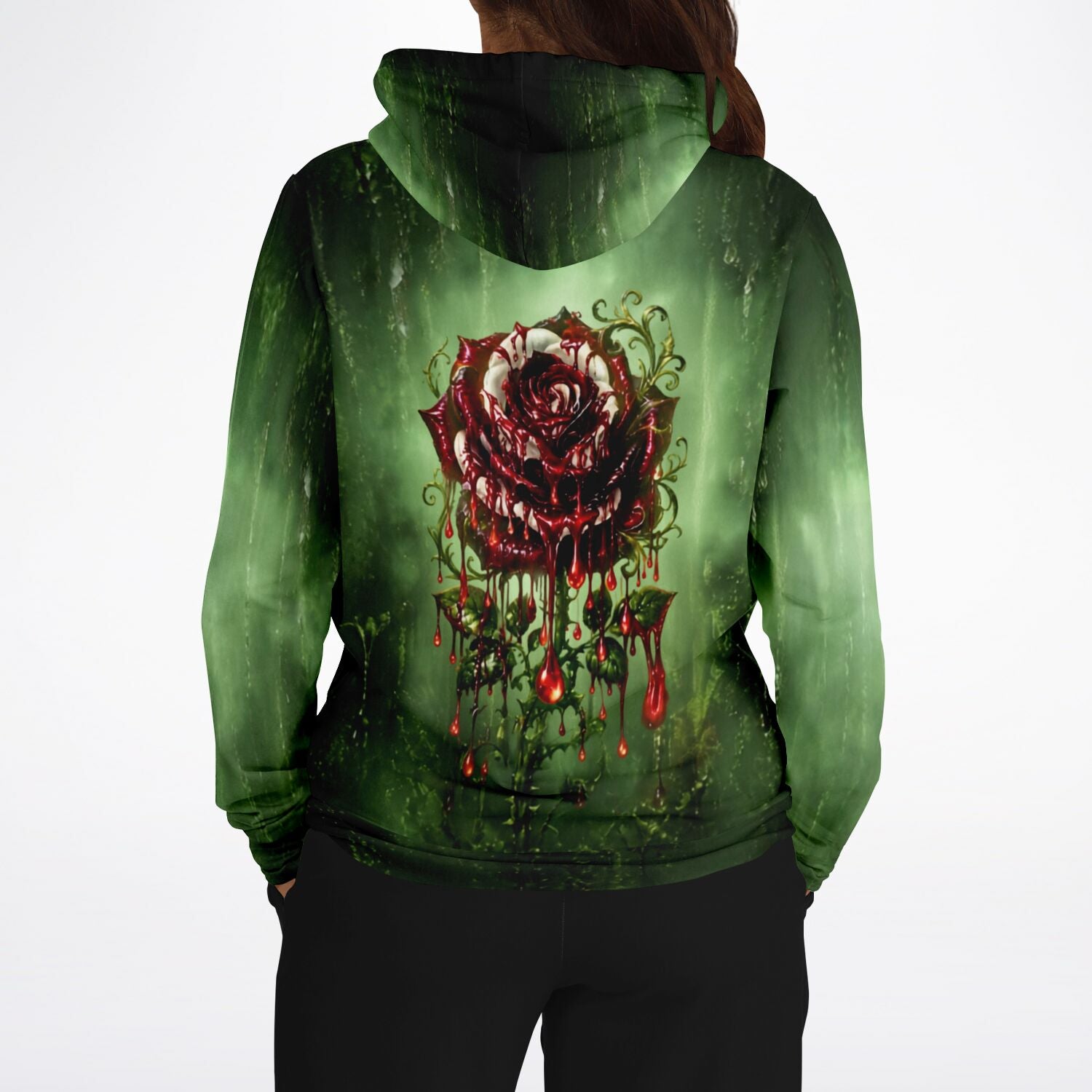 Hoodie mit Motiv einer blutenden Rose auf grünem Hintergrund, inspiriert von Diamond Painting Kunststilen