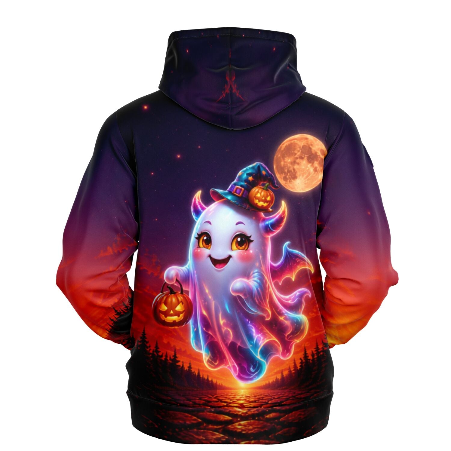 Dreamer Hoodie mit niedlichem Halloween Geist, Kürbis und Vollmond Design in leuchtenden Farben