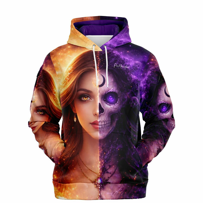 Dreamer Hoodie mit mystischem Design: gespaltenes Gesicht einer Frau und Totenkopf in Orange und Violett.