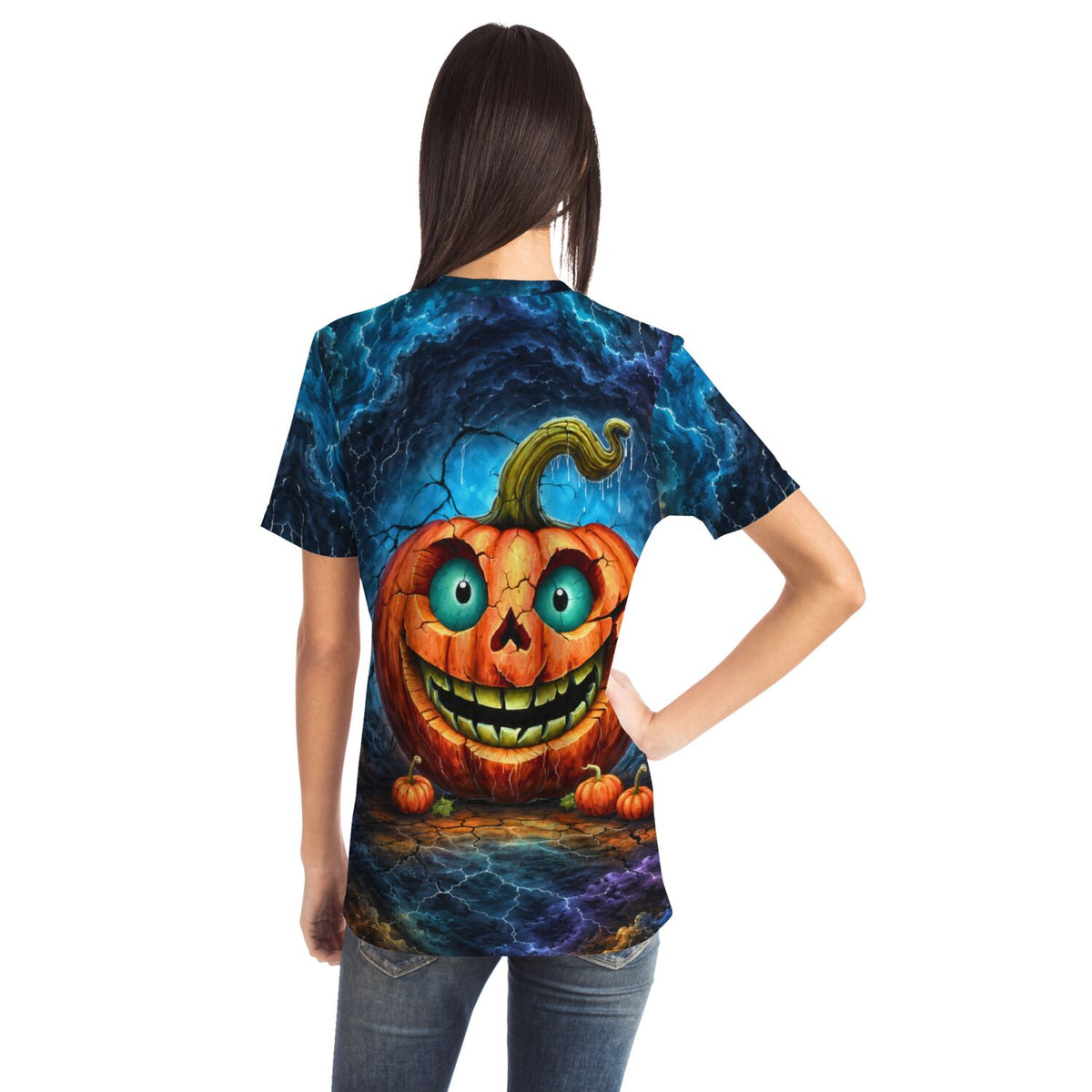 Dreamer T-Shirt Limited Edition mit gruseligem Kürbis-Motiv und Blitz-Hintergrund in leuchtenden Farben