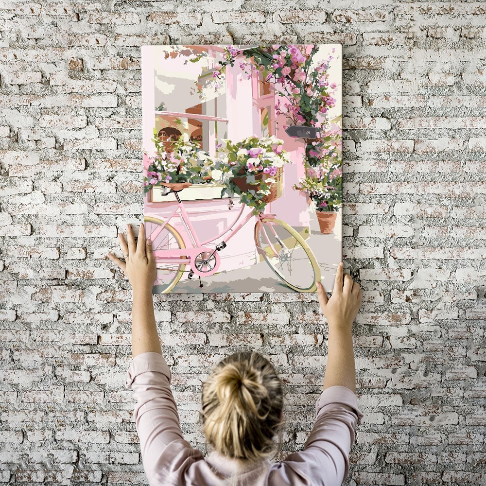 Malen nach Zahlen Set Wandbild Rosa Blumenfahrrad