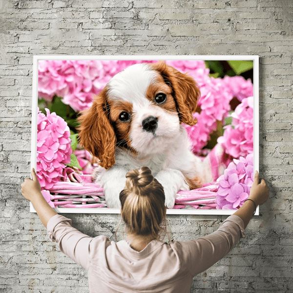 Diamond Painting Strass Spezial Wandbild Hundewelpe im Blumenkorb