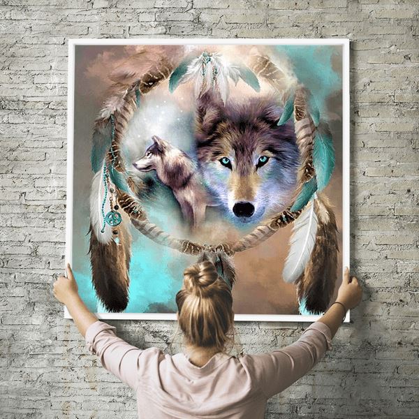 Diamond Painting Wandbild Weißer Wolf im Traumfänger