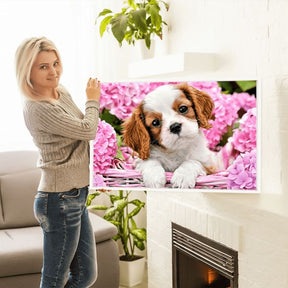 Diamond Painting Strass Spezial Bild Hundewelpe im Blumenkorb