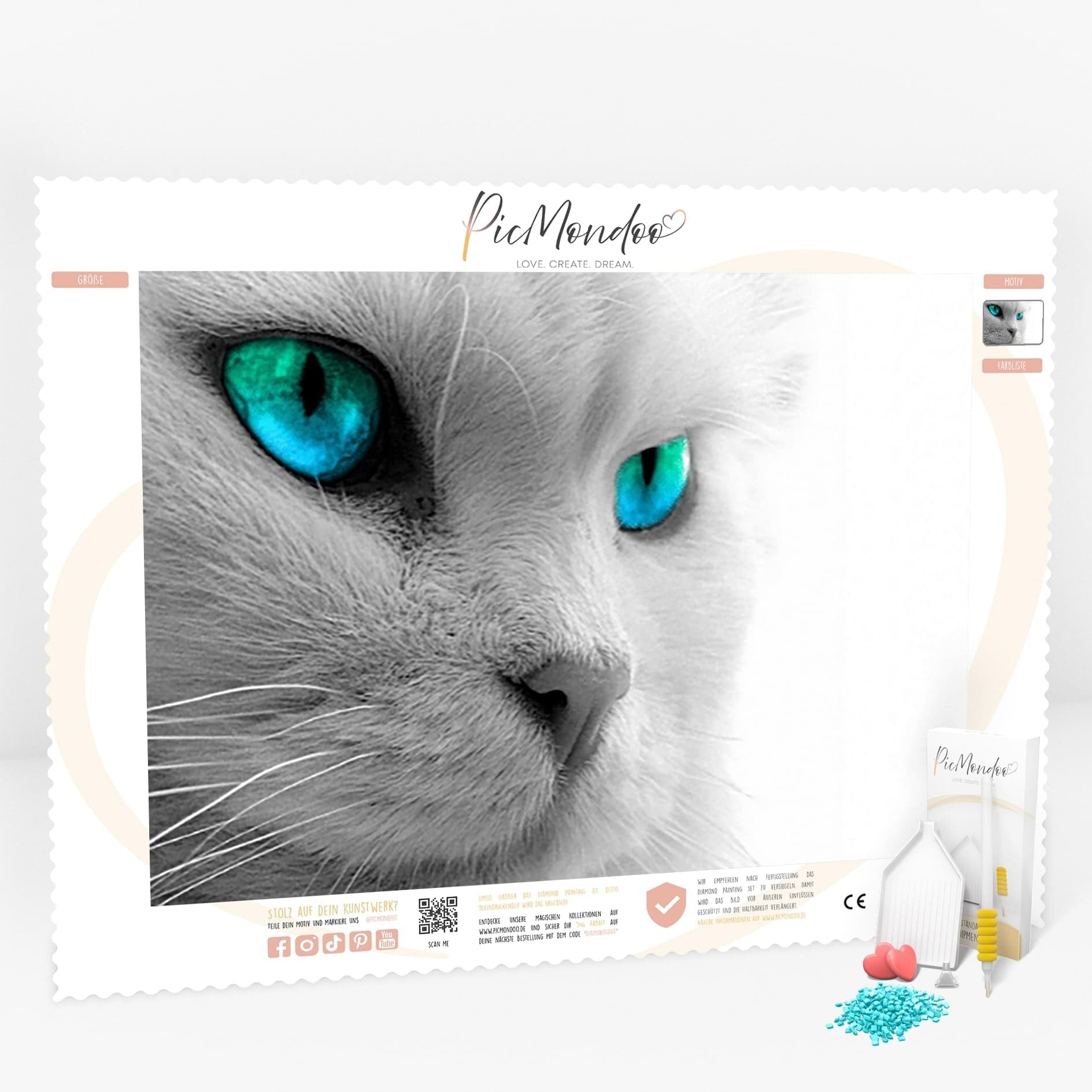 Diamond Painting Leinwand White Cat´s blue Eyes