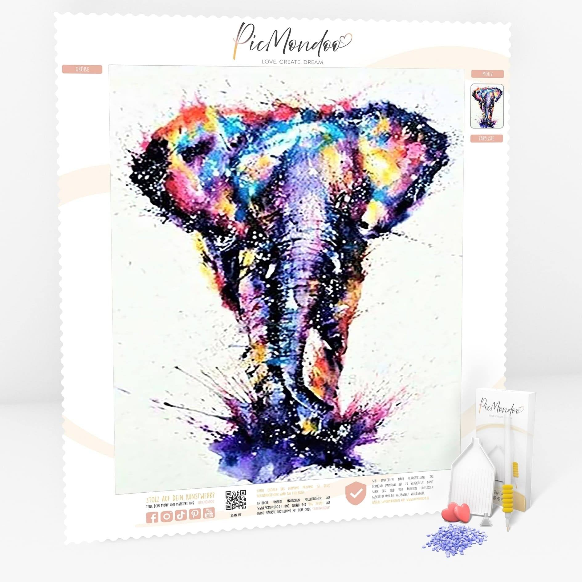 Diamond Painting Leinwand Elefant "Farbenklecks"