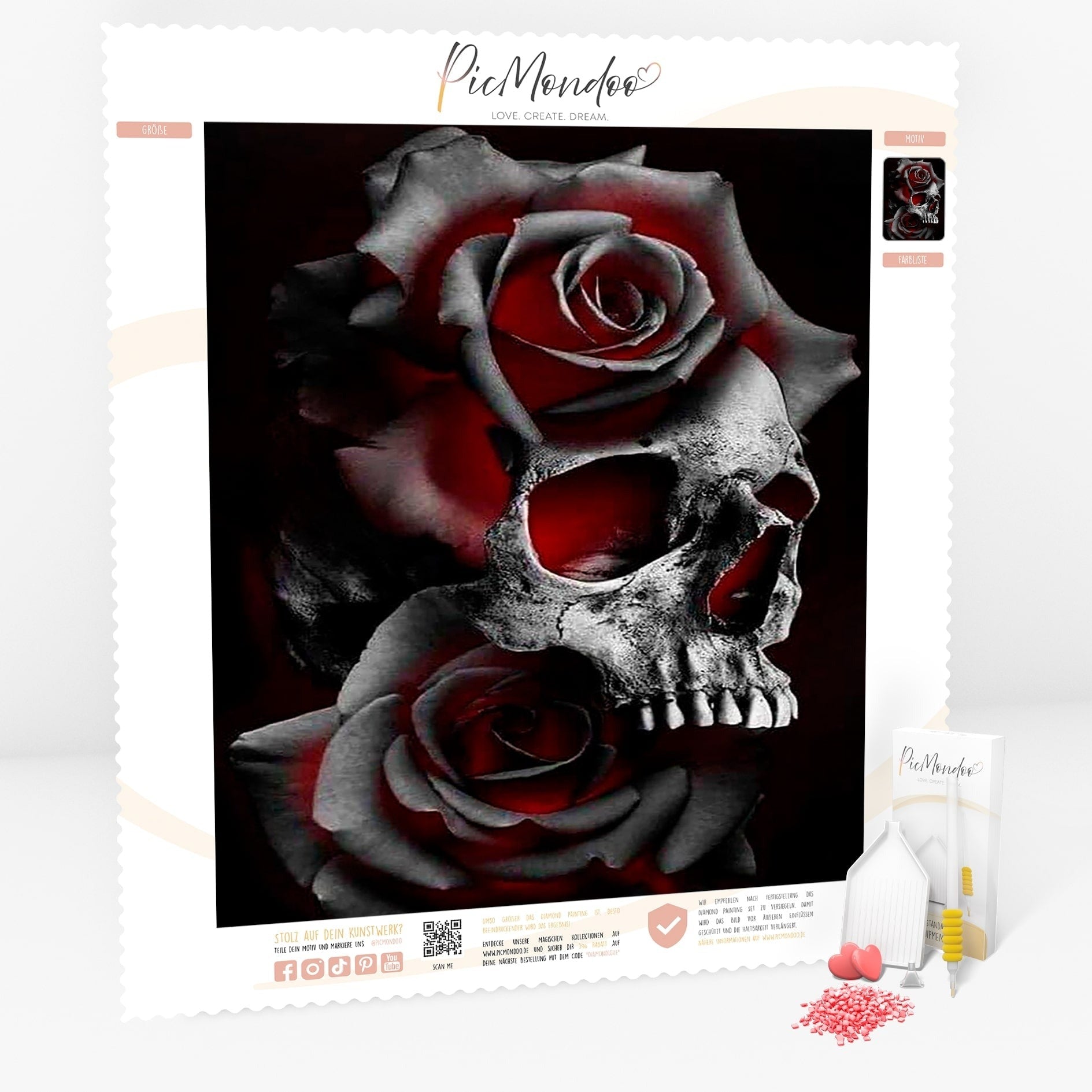 Diamond Painting Leinwand Skull of Red Roses