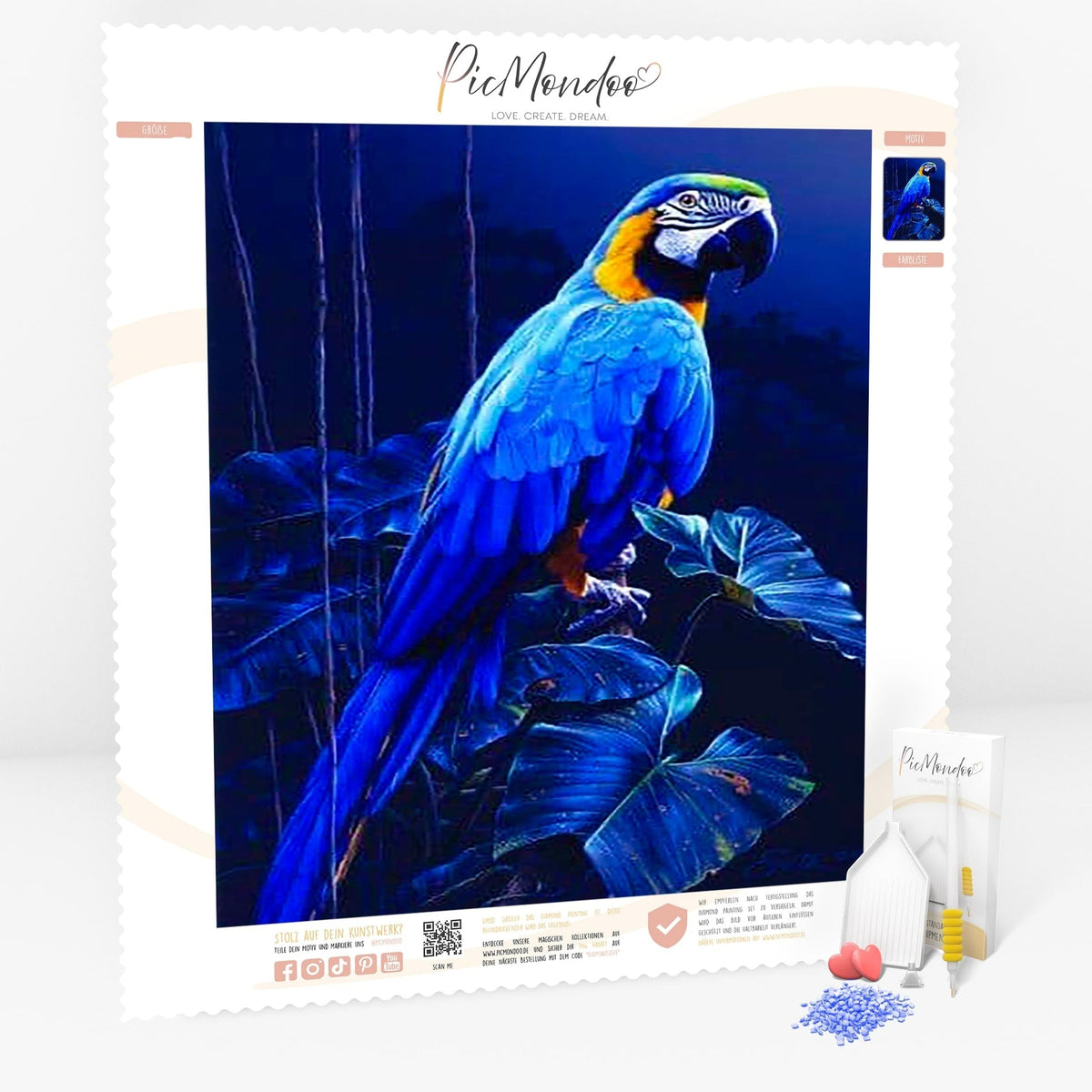 Diamond Painting Leinwand Papagei im blauen Dschungel