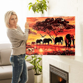 Malen nach Zahlen Wandbild  Elefantenherde im Sonnenuntergang