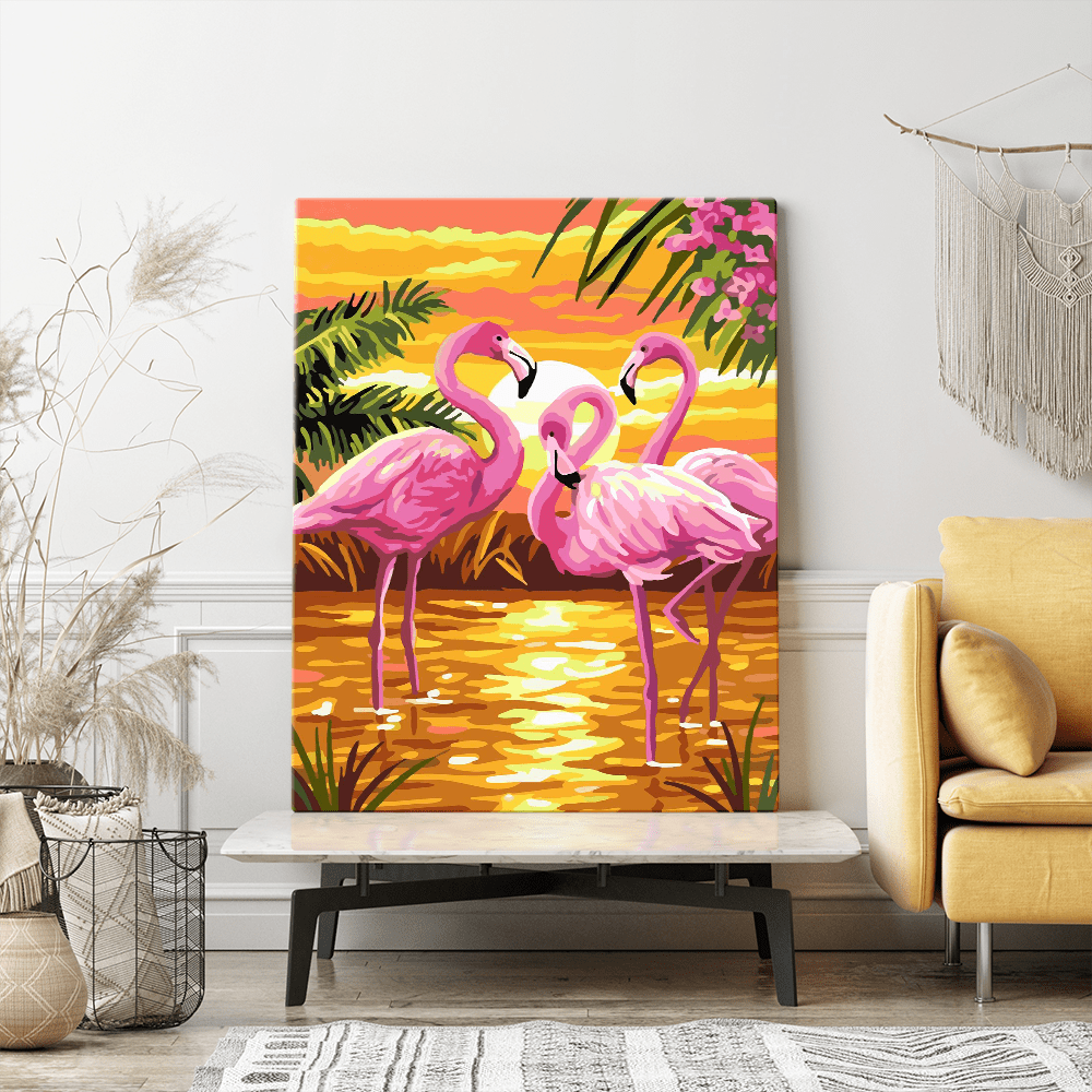 Malen nach Zahlen Set Wandgestaltung Flamingos at the sunset
