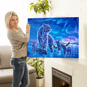 Malen nach Zahlen Foto Tigerfamilie im Polarlicht