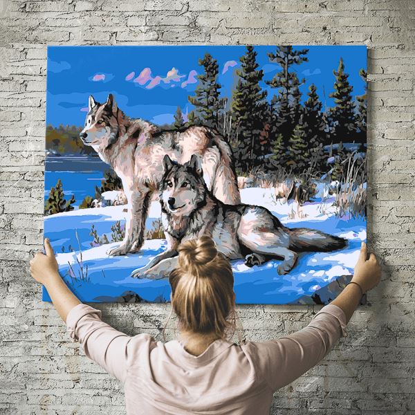 Malen nach Zahlen Wandbild Wölfe im Winter