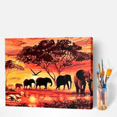 Malen nach Zahlen gemaltes Bild  Elefantenherde im Sonnenuntergang