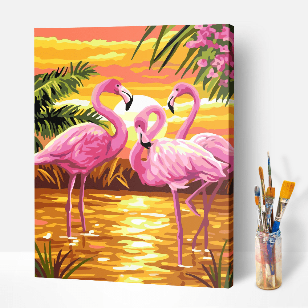 Malen nach Zahlen Set Leinwand Flamingos at the sunset