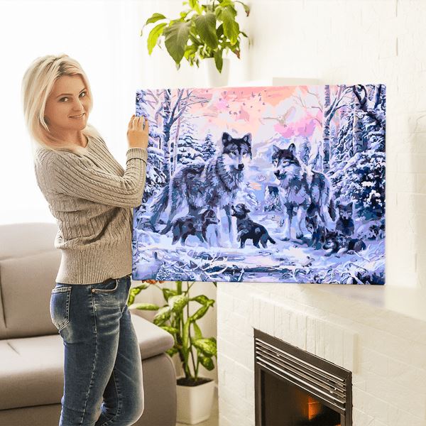 Malen nach Zahlen Wandbild Wolfsfamilie im Winterland