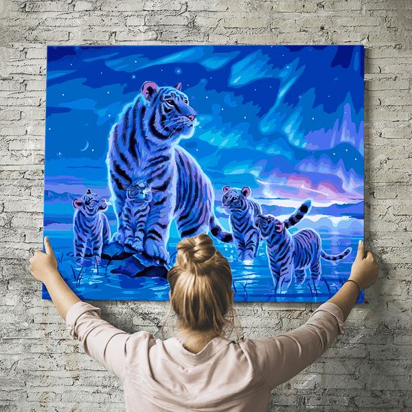 Malen nach Zahlen Wandbild Tigerfamilie im Polarlicht